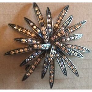 Vintage Sunburst Crystal Bronze Tone Hat Purse Lapel Pin Brooch Valentine Gift